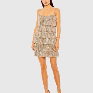 New MAC DUGGAL Size 2 Nude 23001 Beaded Silver Sequin Ruffle Mini Cocktail Dress